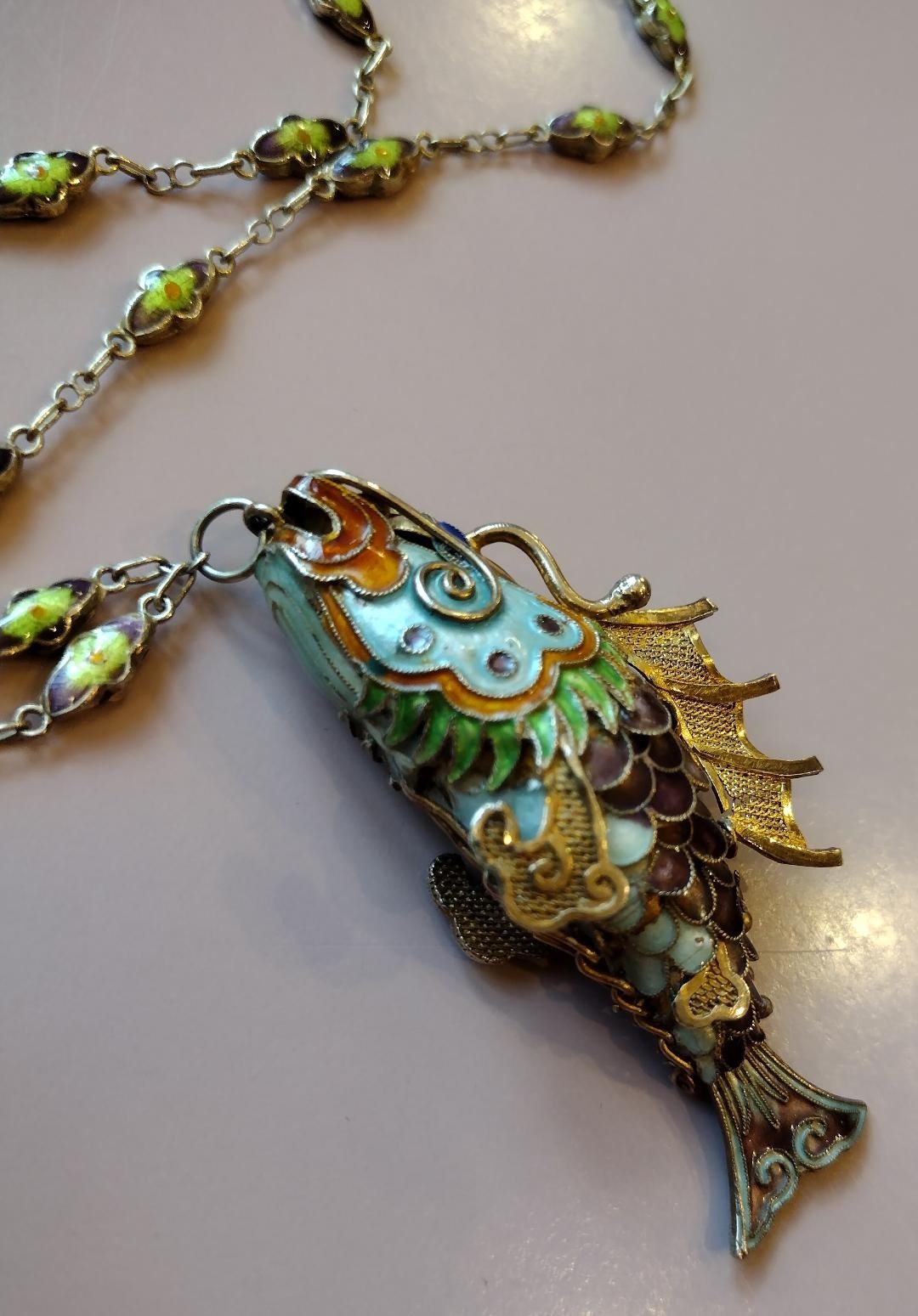 Vtg Chinese Koi Fish Necklace Silver Cloisonne Enamel Articulated Ships Free