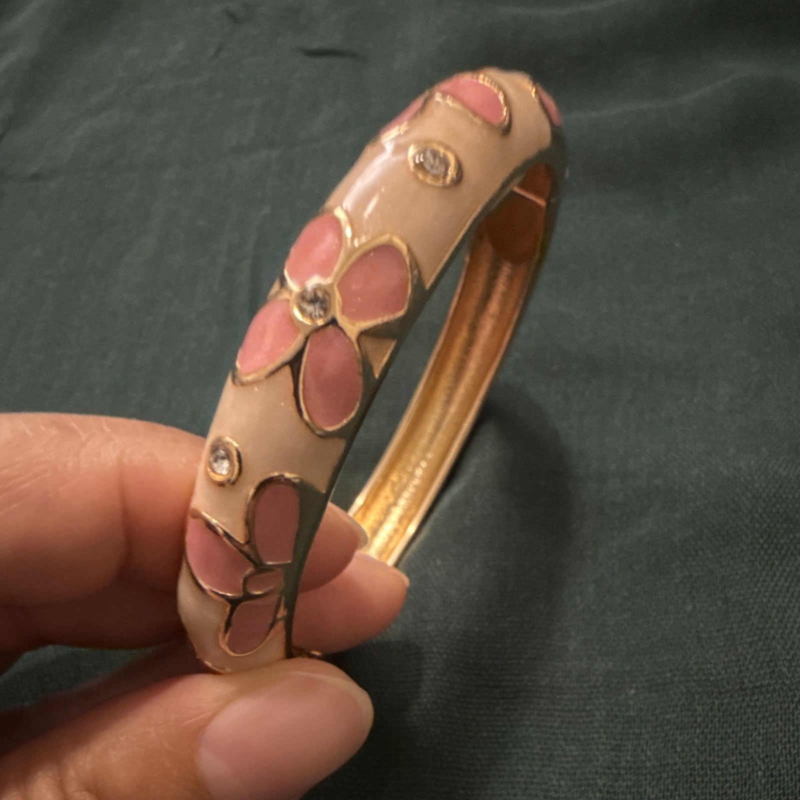 Pink Gold Enamel Flower Bangle Bracelet with Clear Round Crystal Accents