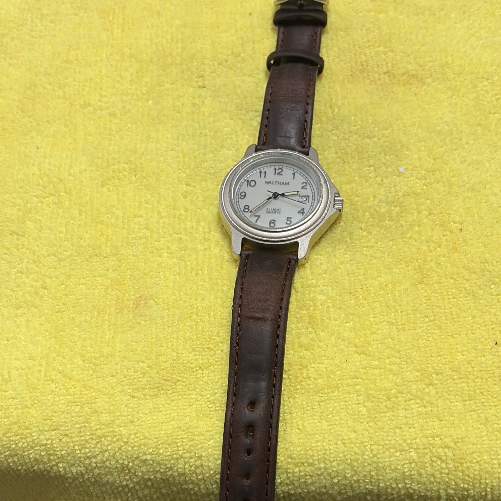Waltham EL Light Quartz Analog Date Lume White Dial Brown Leather Strap