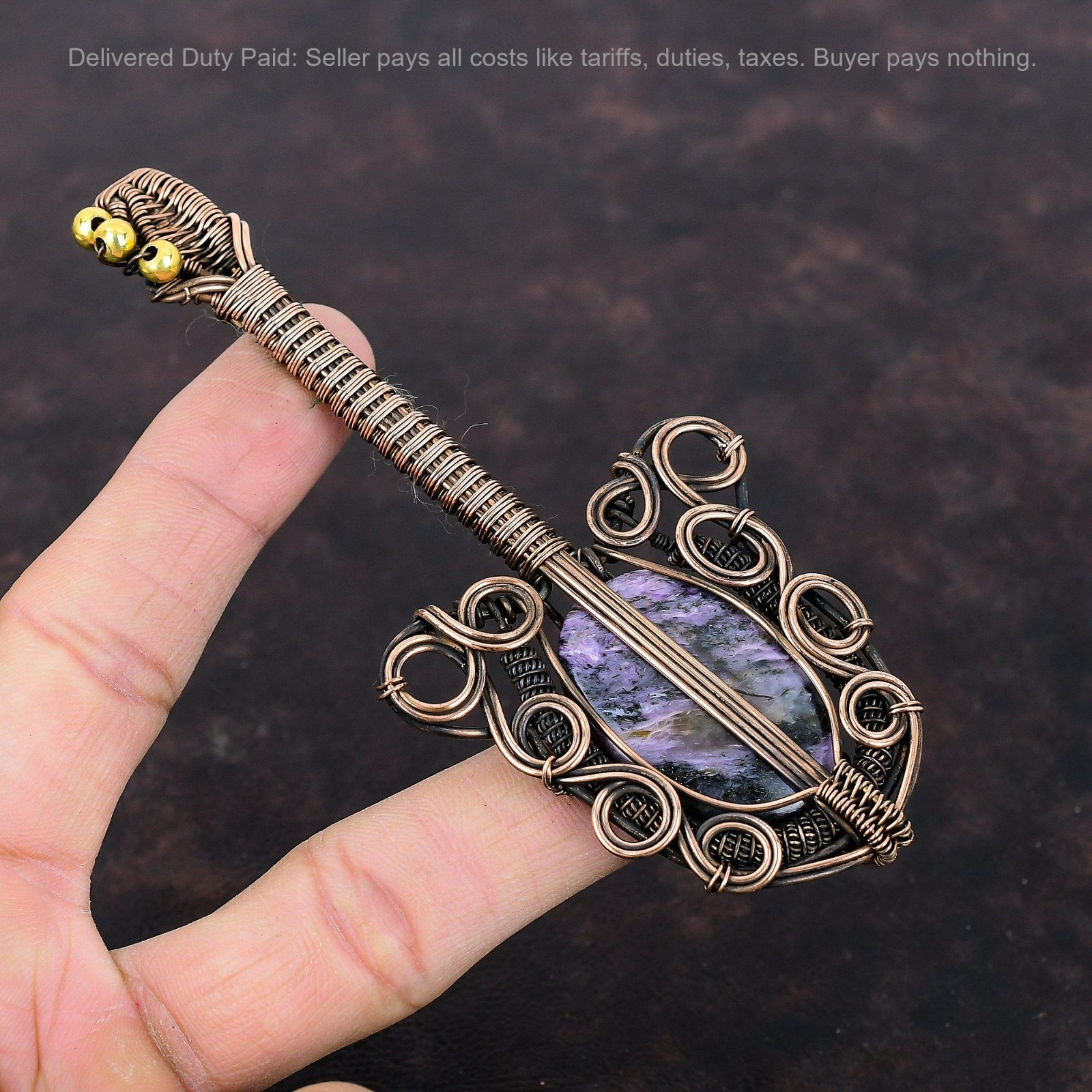Copper Russian Charoite Stone Wire Wrapped Guitar Engagement New Pendant Jewelry