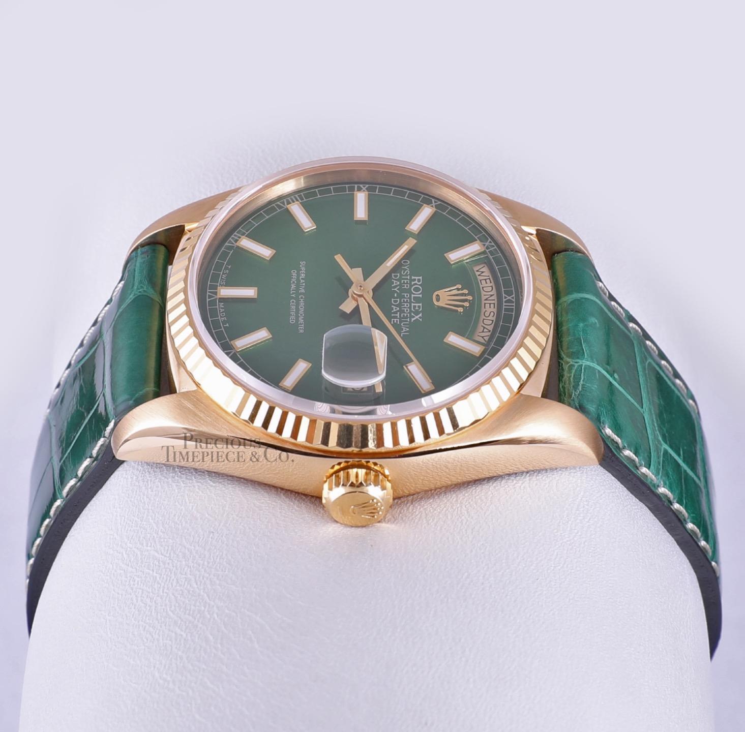 Rolex Day-Date 36mm President 18k Gold 18038-Green Stick Dial-Green Leather Band