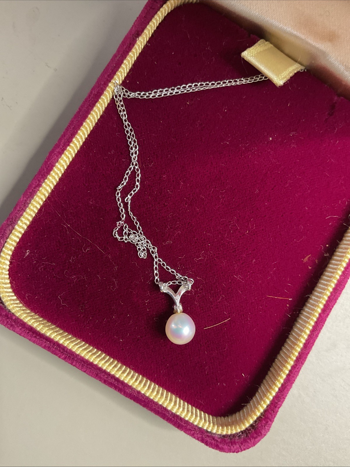Murata VTG Pearl & Diamond Pendant Necklace, Dainty Silvertone Chain, Orig Box