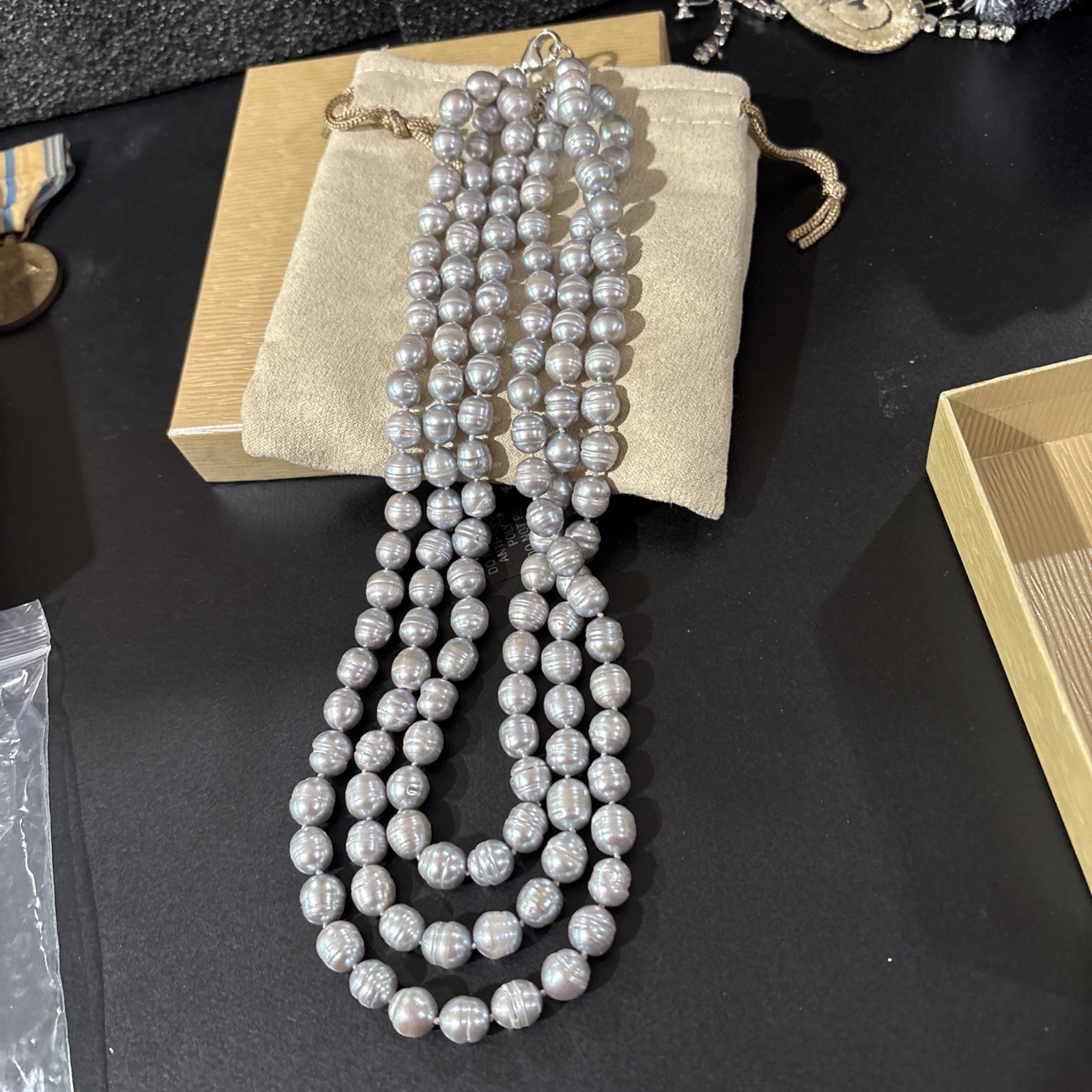 7-9mm Silver Cultured Pearl 3 Strand Rhodium Silver 18” Adjustable Necklace