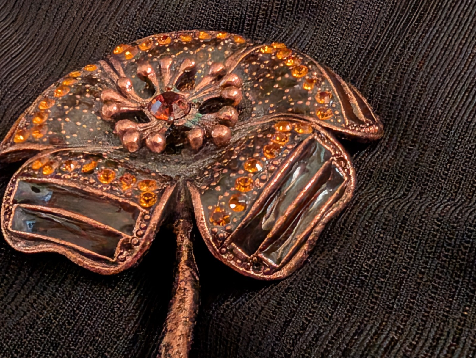 Copper Bronze Rhinestone Leaf Dangle Earrings & Flower Brooch Pin Set