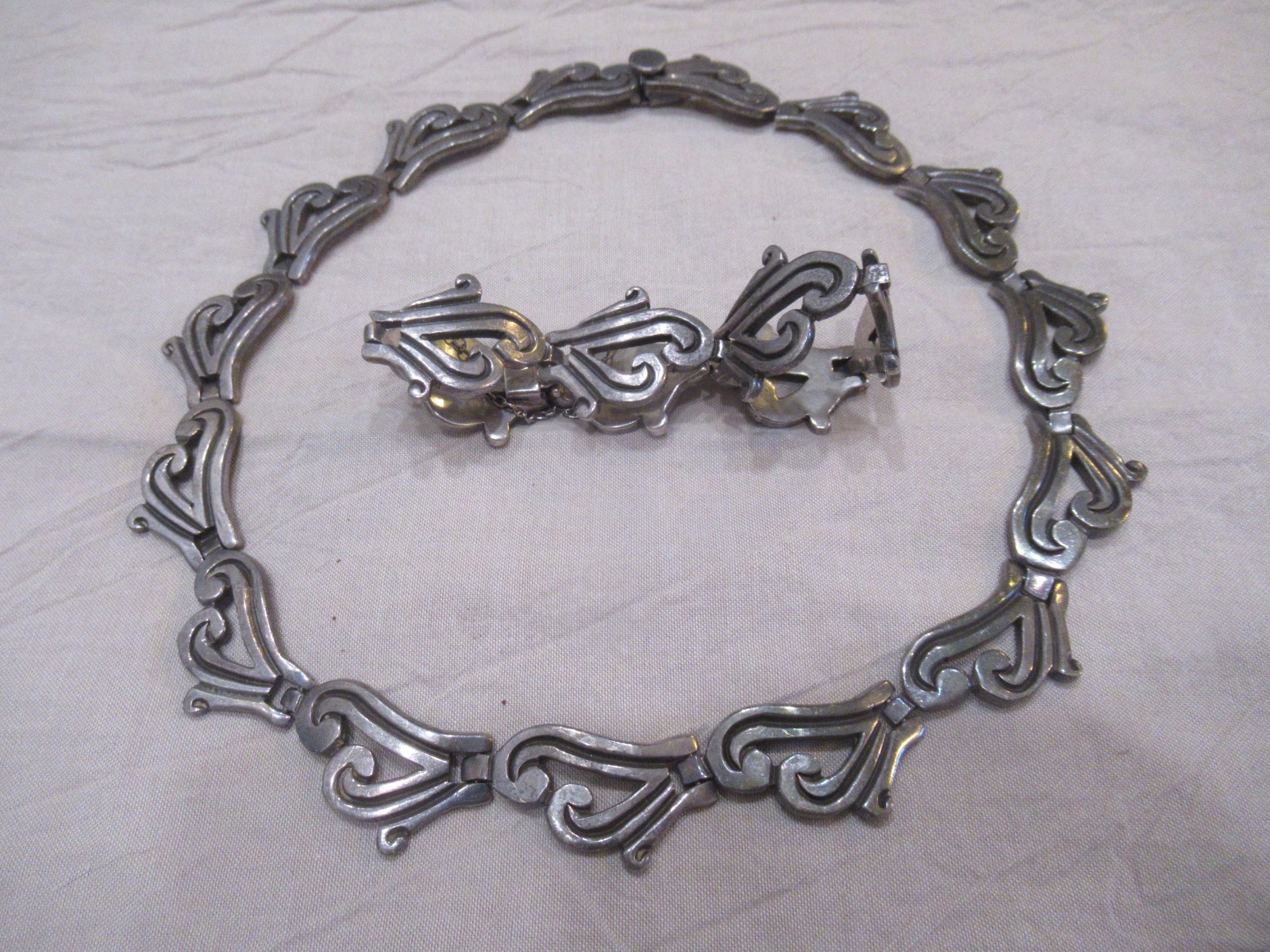 Vintage Mexico Sterling Silver Taxco Heavy Swirl Link Necklace & BRACELET 140g