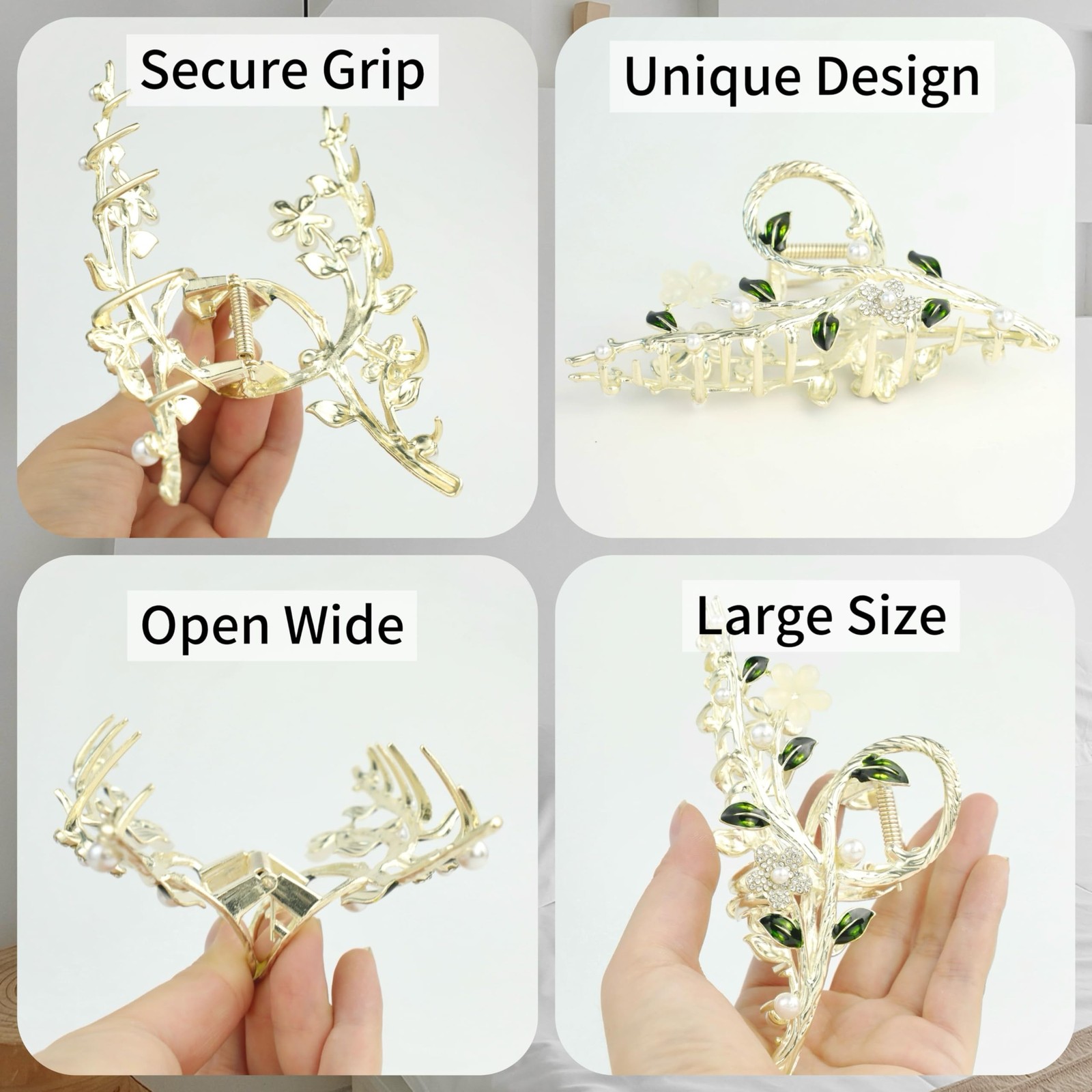 5.51” Large Metal Flower Claw Clip for Women – Cat-Eye Stones, Pearls, Rhine…