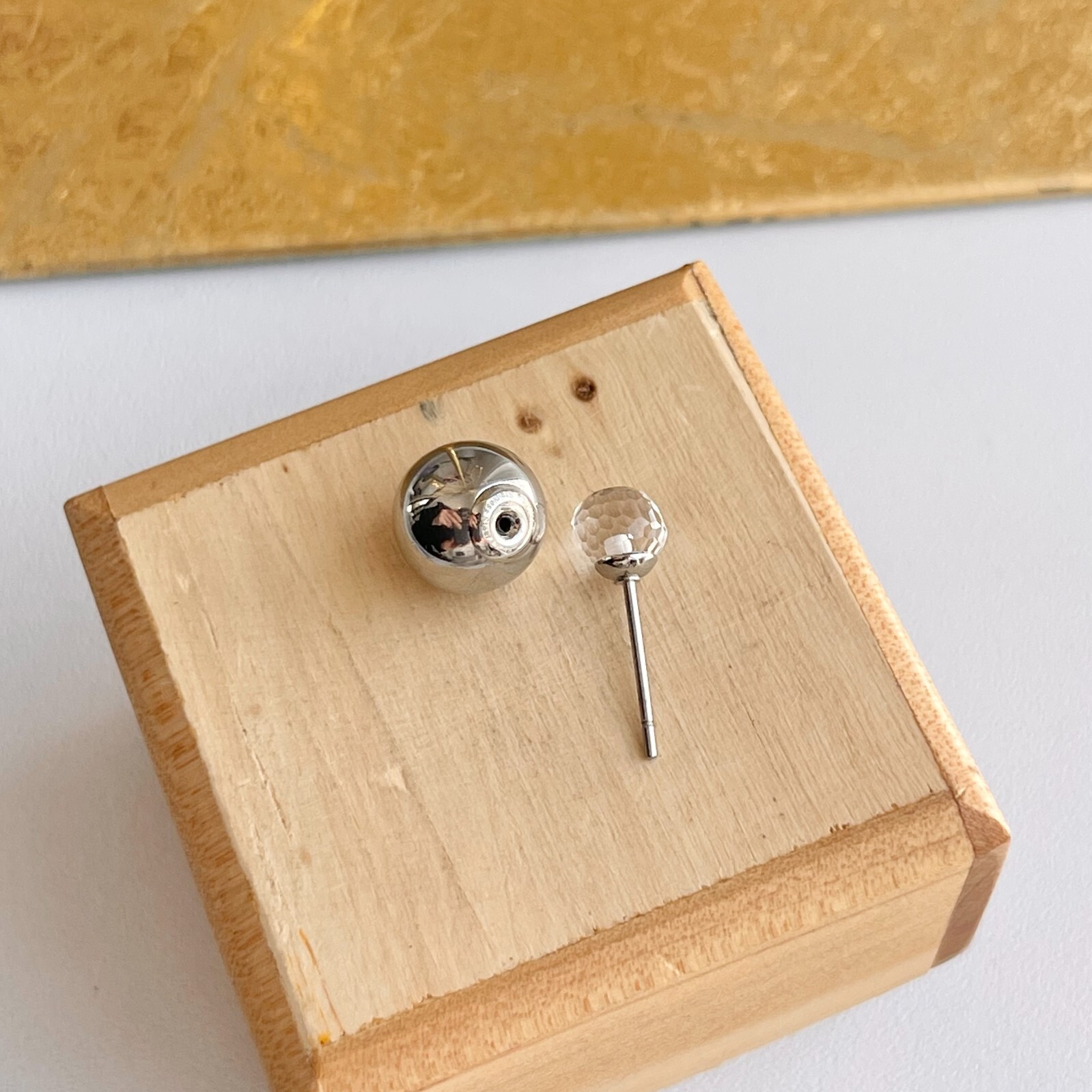Stainless Steel Double Ended Silver Color Ball + Glass Post Stud Earrings NEW