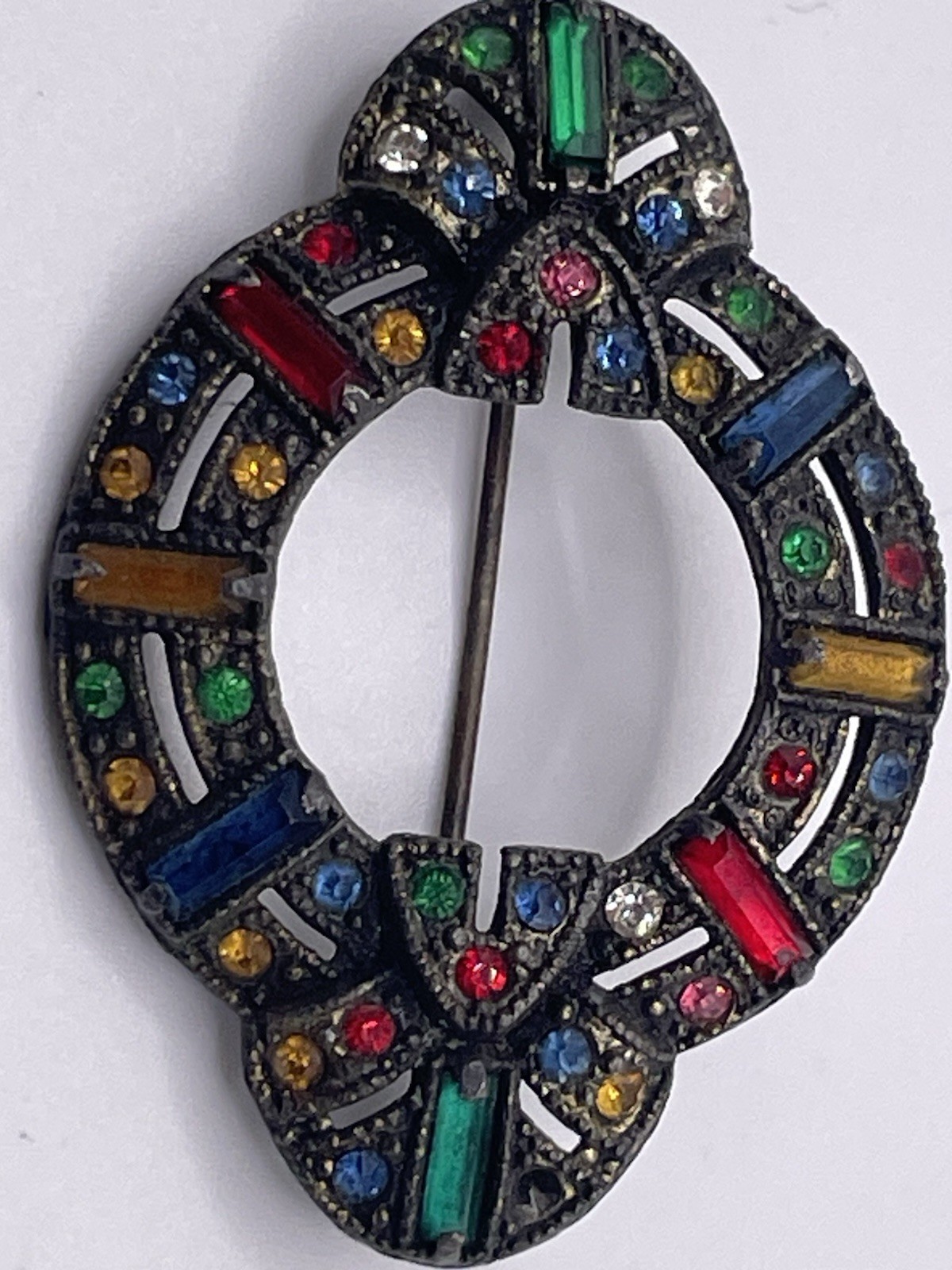 Vintage Art Deco Czech Brooch Pot Metal Rhinestone Multicolor READ