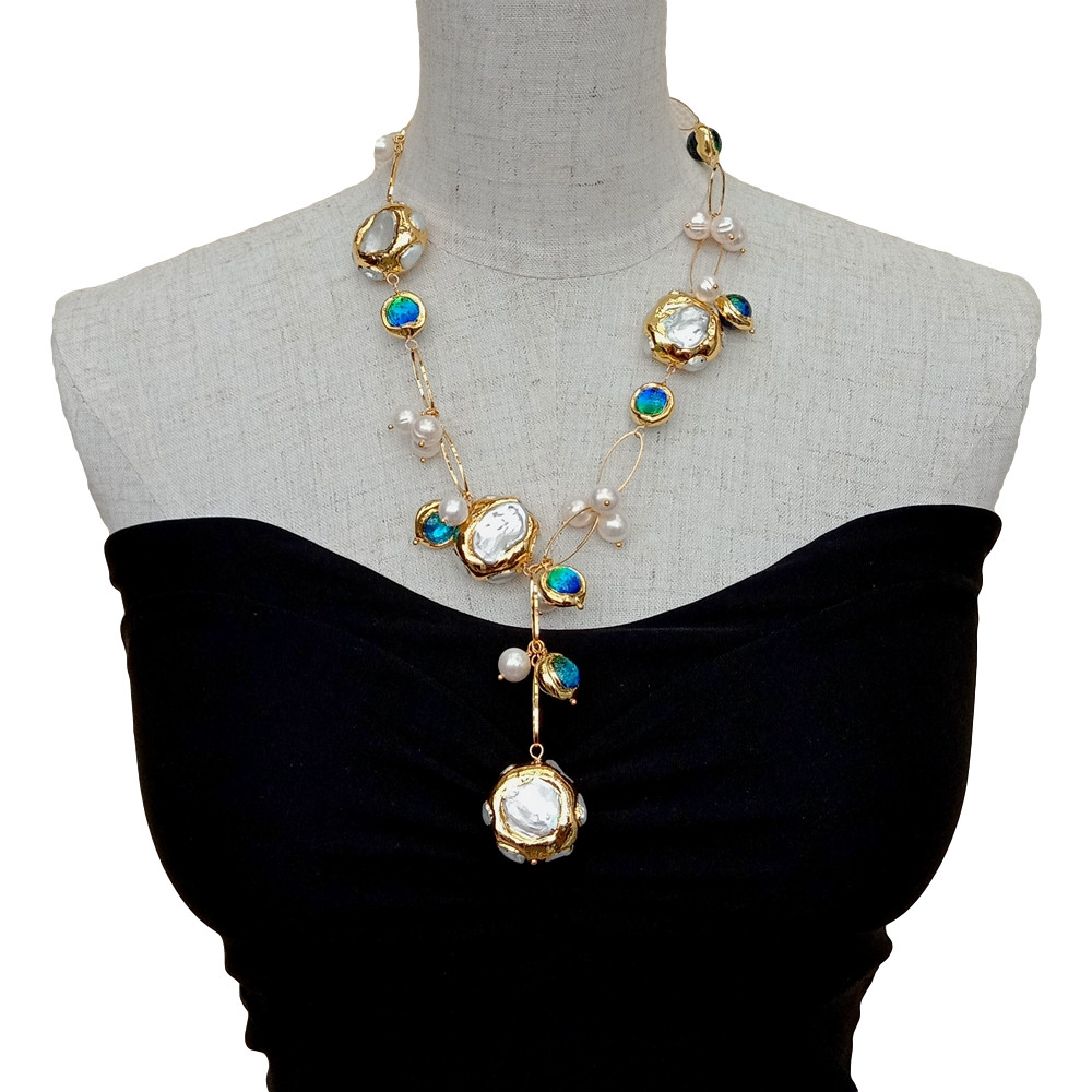 Freshwater Cultured White Keshi Pearl Blue Murano Glass Necklace 21″