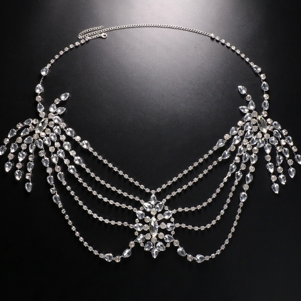 Women Crystal Body Chain Shawl Shoulder Necklace Accessory Gown Match