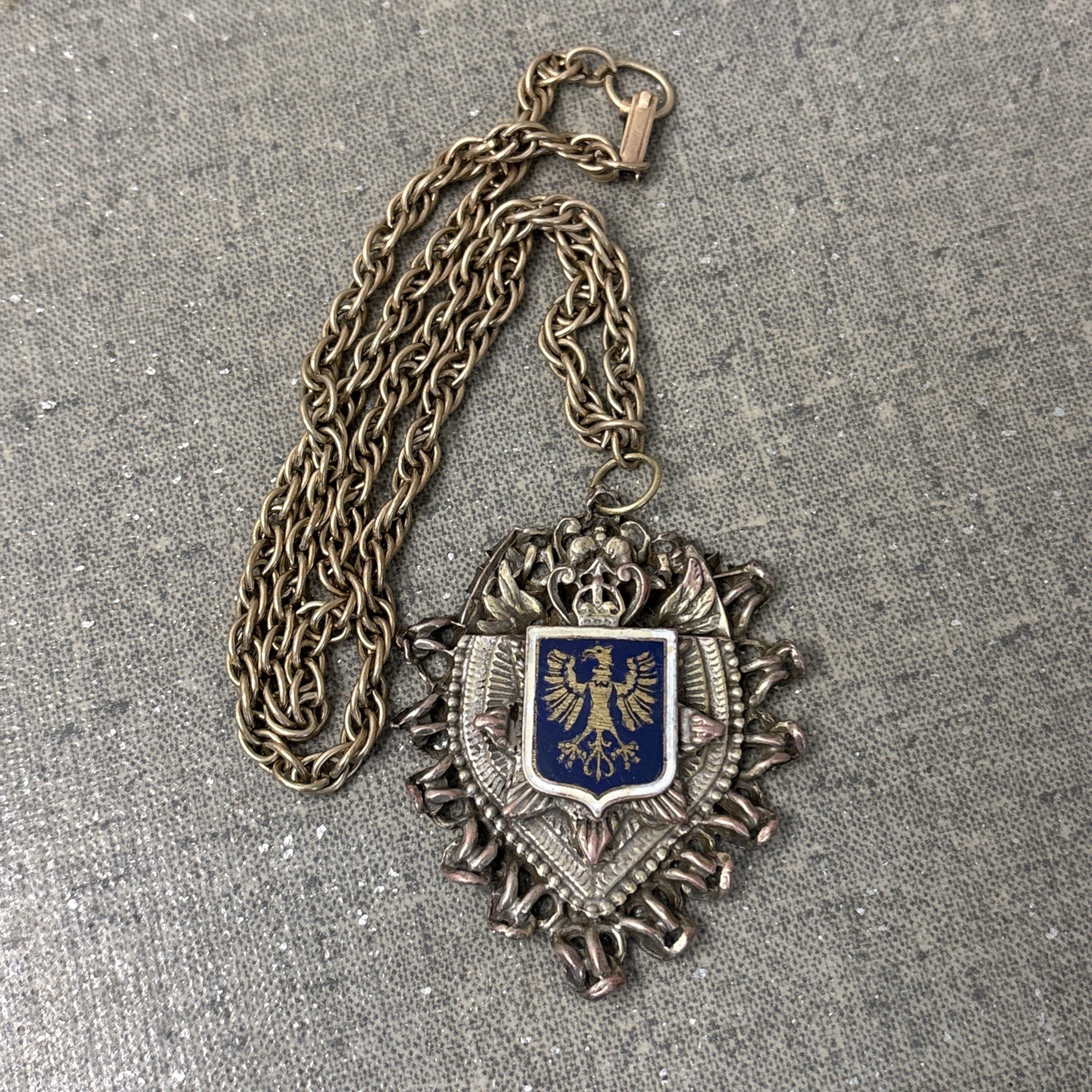 Heraldic Crest Crown Polish Eagle Pendent Necklace Gold Tone Blue Shield Vtg