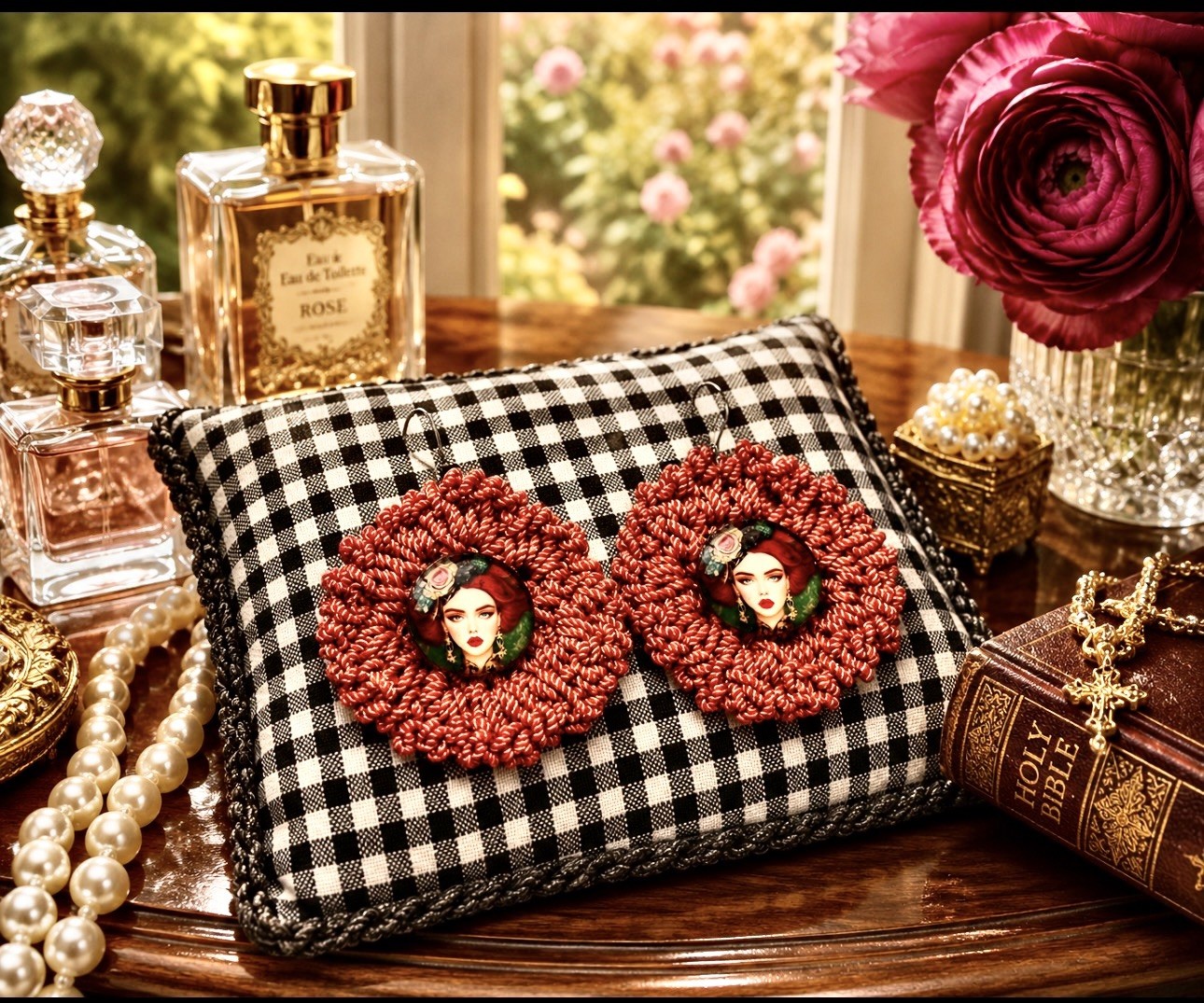 Earrings Crochet Cabochon Boho Woman Designer Fashion “ Hand Knits 2 Love” Hip