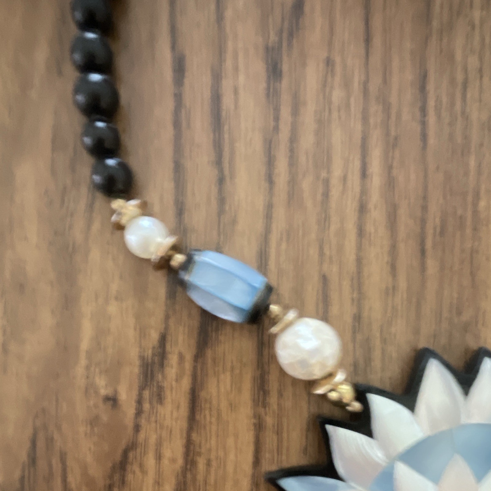 Black Beaded Necklace Blue & White Flower Charm Pendant Gold Tone Barrel