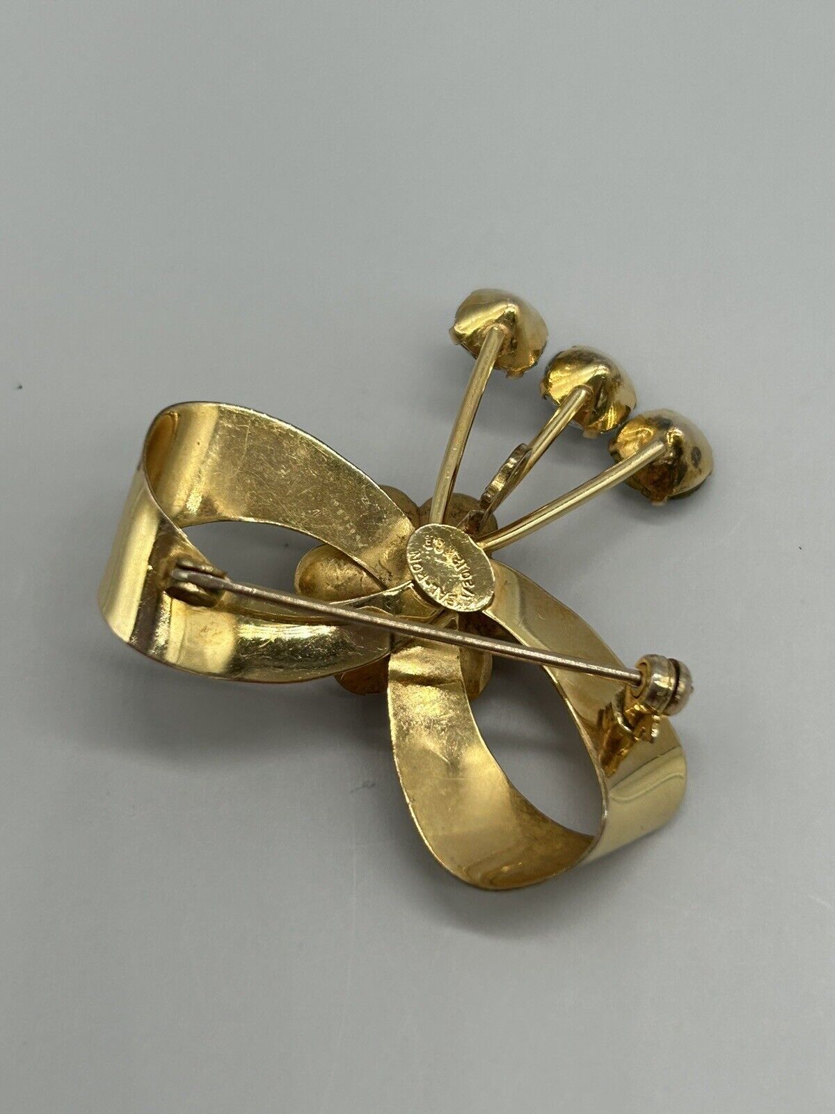 Vintage Signed BAL-RON 12K Gold Plated Crystal Floral Bow Brooch Pin