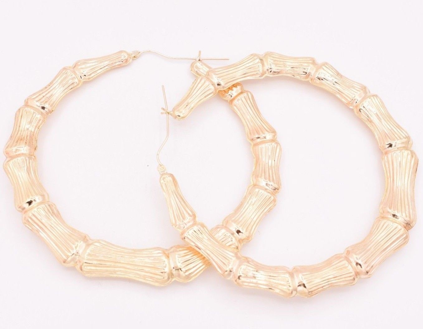3 1/2″ 85mm Huge Graduated Diamond Cut Bamboo Hoop Earrings Real 10K Yellow Gold