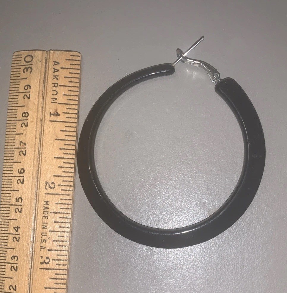 Black Hoop Earrings 2.5″ Large Statement Latch Back Hinged Minimalist Chic
