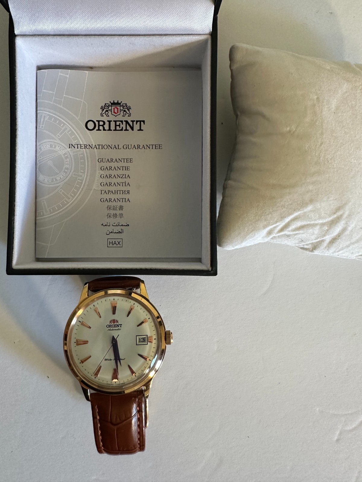 Orient Bambino FAC00002W0 Automatic Watch Gold Case Box Papers Excellent
