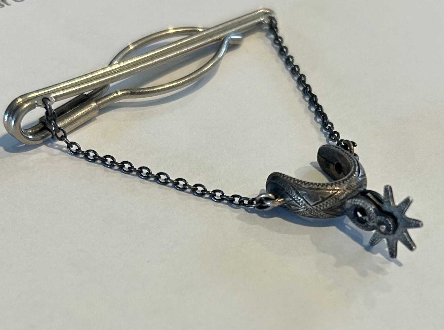 Vtg Sterling Silver Spur Tie Clip Bar Chain Ornate Hand Engraved Western Cowboy