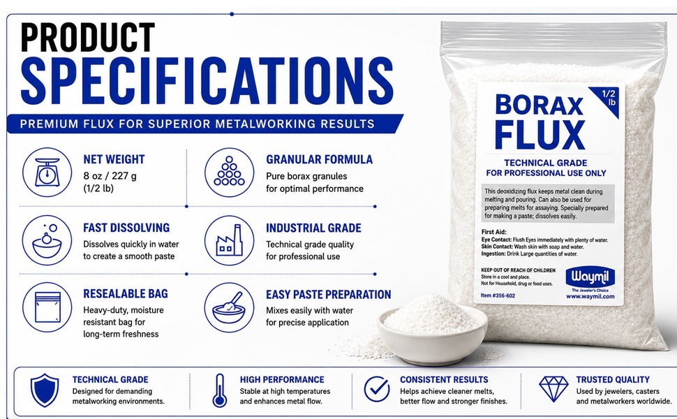Borax Flux 1/2 Pound Melting Gold Silver Crucible Glaze Jewelry Casting 8 Oz.