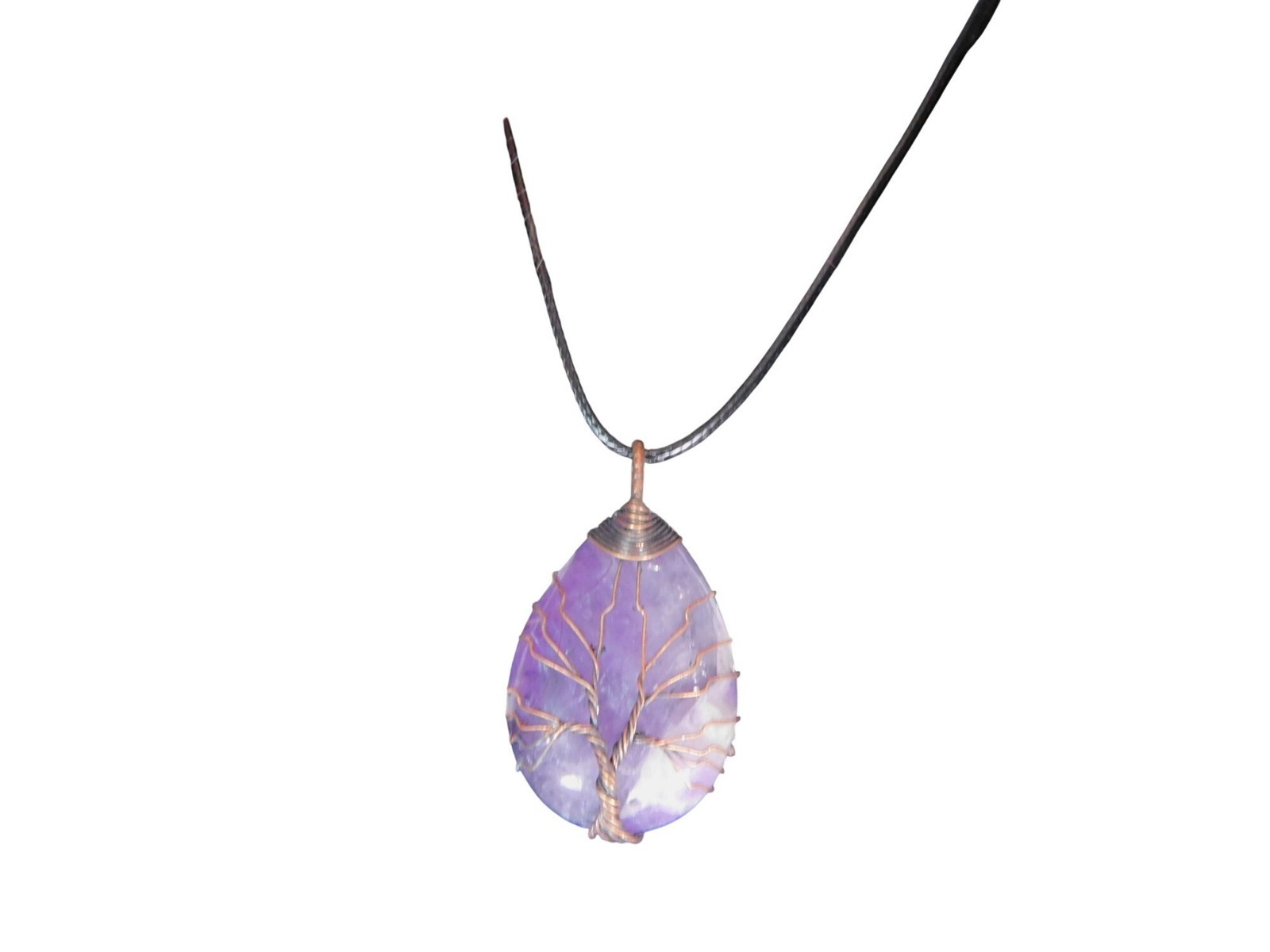 Amethyst Tree of Life Pendant Necklace Wire Wrapped Purple Crystal Teardrop