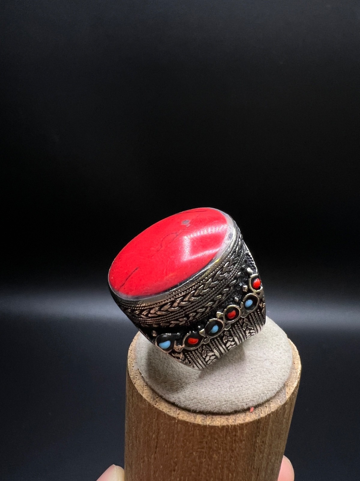 Vintage Red Coral Statement Ring, Large Oval Cabochon Ring, Tibetan Tribal Boho