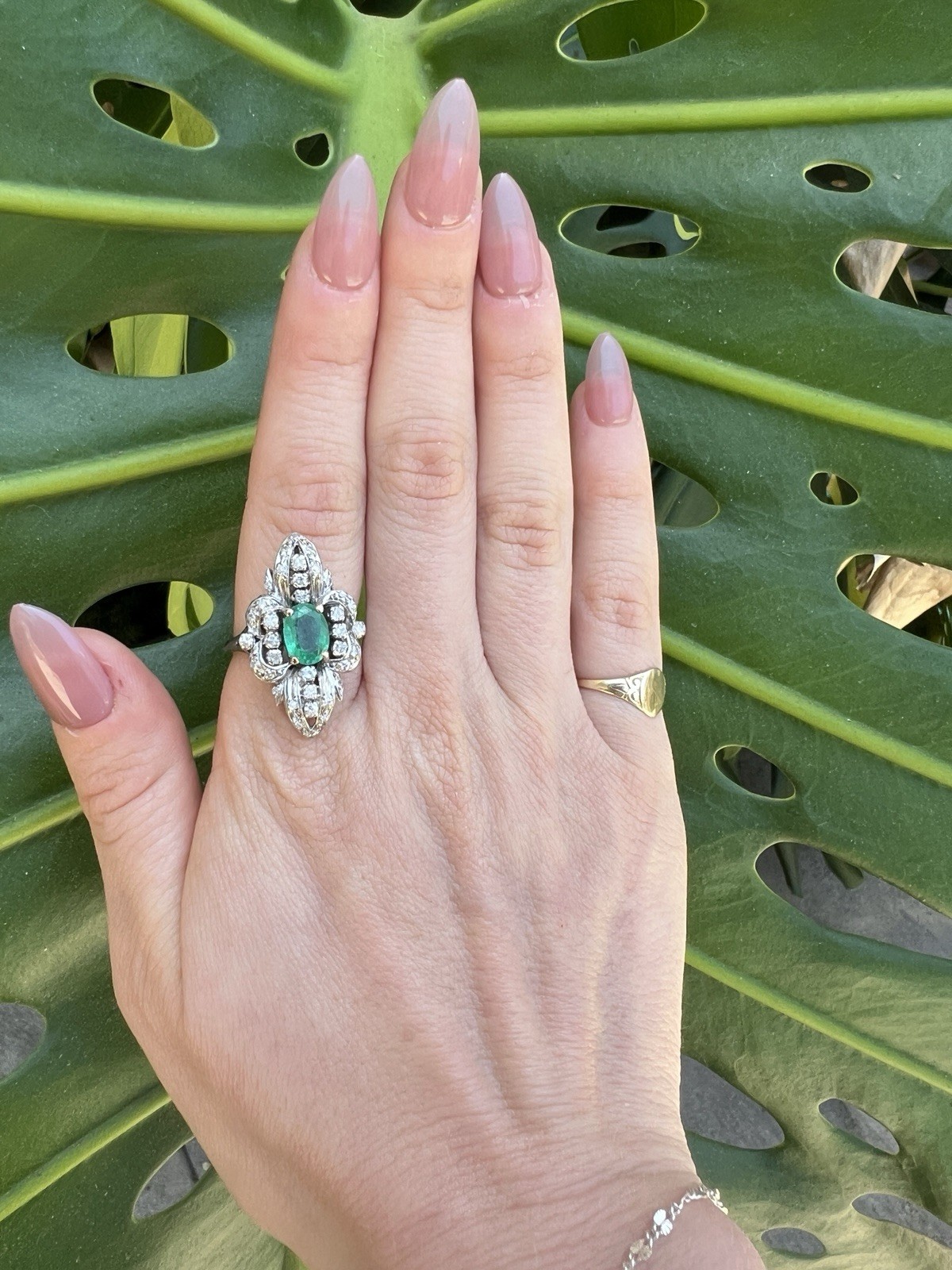 STUNNING 1ct EMERALD ring 14k white gold MANY diamonds MAY birthday ART DECO
