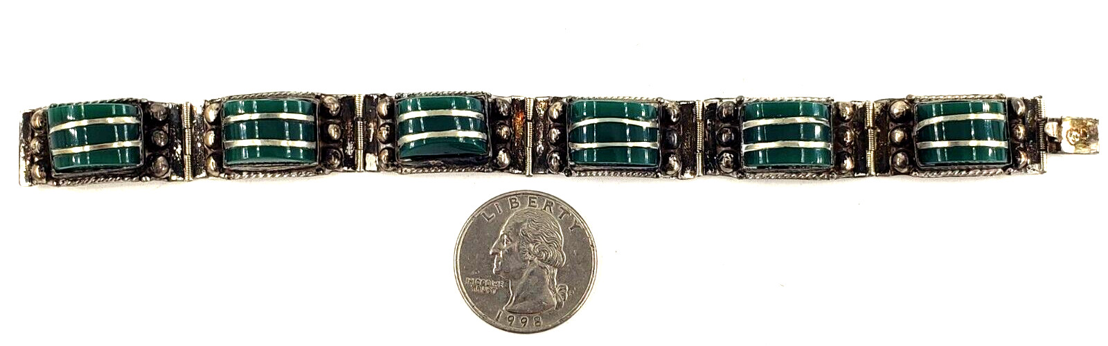 MEXICO DPD Sterling Silver Bracelet VIntage Green Onyx Panel Link 6.5 Inch Boho