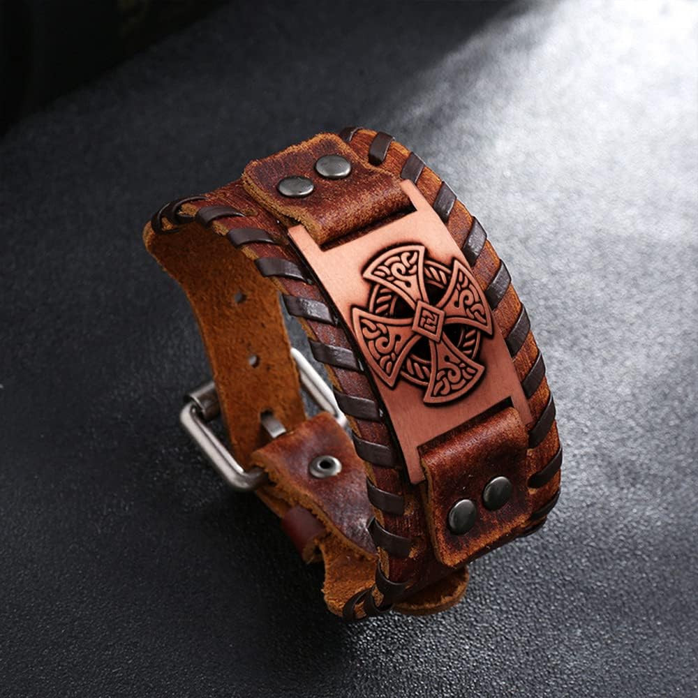 Celtic Solar Cross Bracelet, Leather Cuff Wristband with Irish Charm Amulet