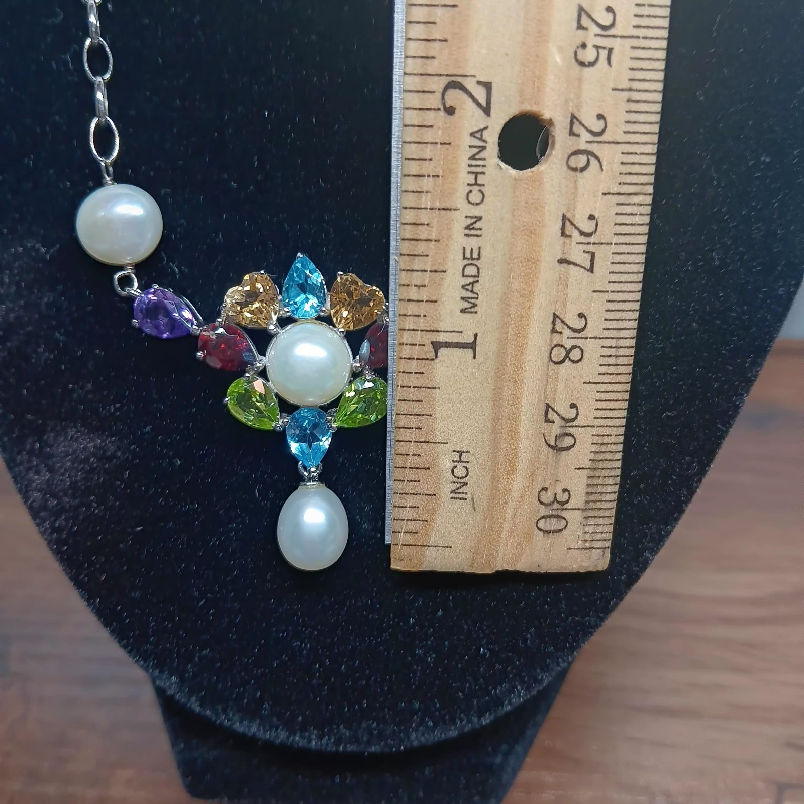 18-20″ Ross Simons Sterling Silver Multi Gemstone & Pearl Chain Station Necklace
