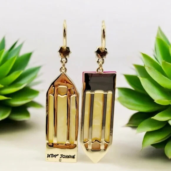 Betsey Johnson LARGE Pencil Earrings With Pink Rhinestones & Faux Pearls.
