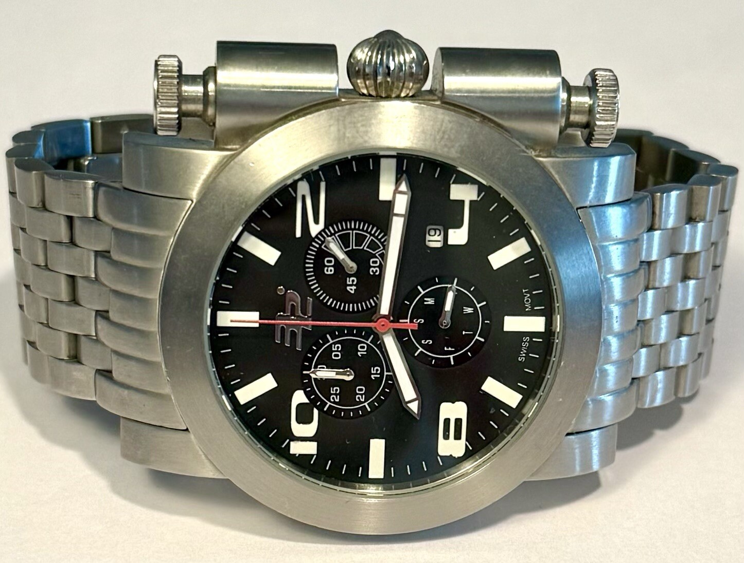 45mm Rare Push Button Design Swiss Chrono Slvrtn 7.5” Bracelet 32 DEGREES Watch