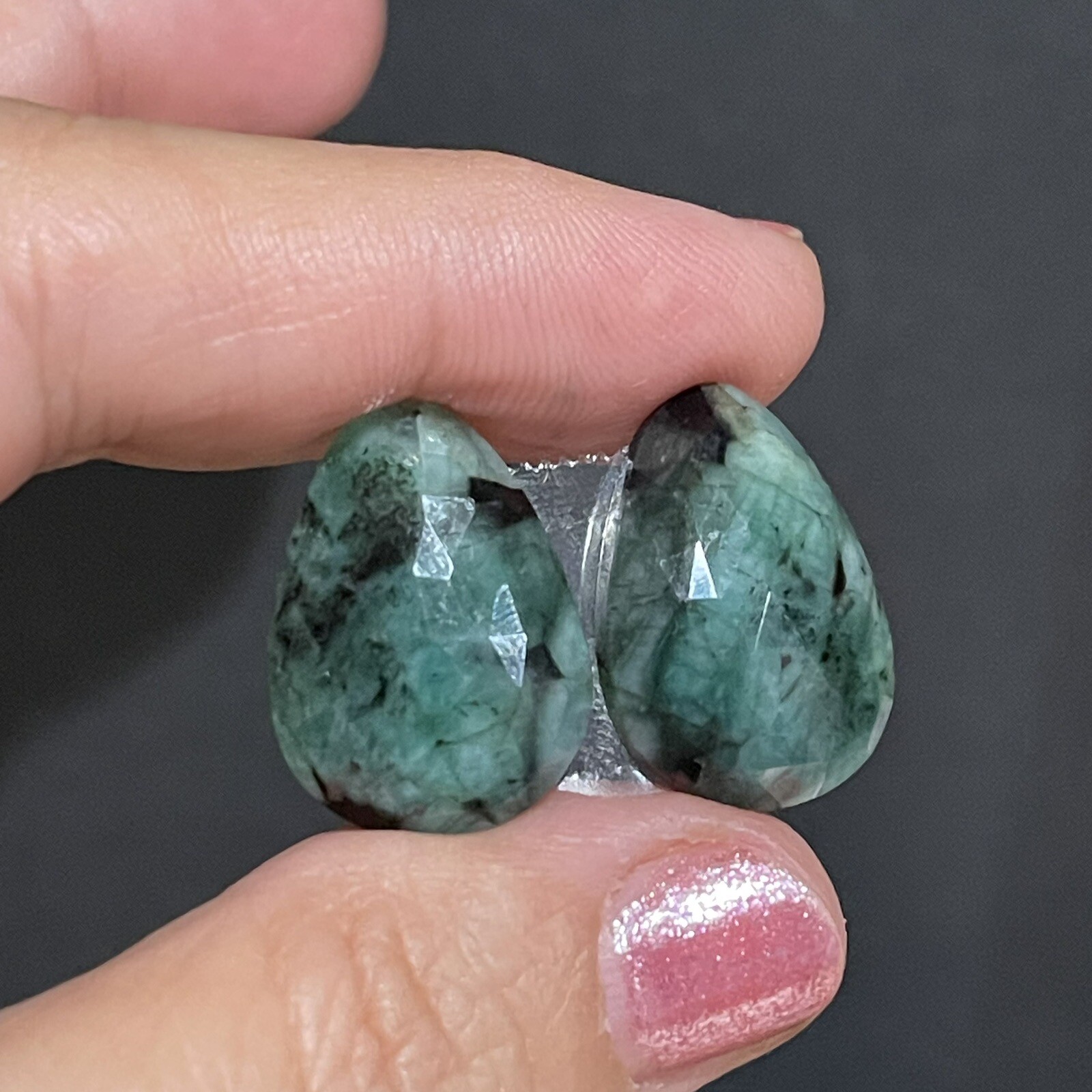 24.3ct 22×15.8×4.7mm Pair Green Emerald Rose Cut Flat Back Teardrop Cabochons