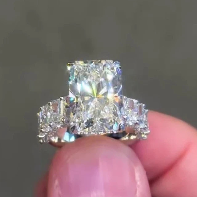 6CTW Radiant Cut Moissanite Hidden Halo Ring 14K White Gold Over 925 Silver