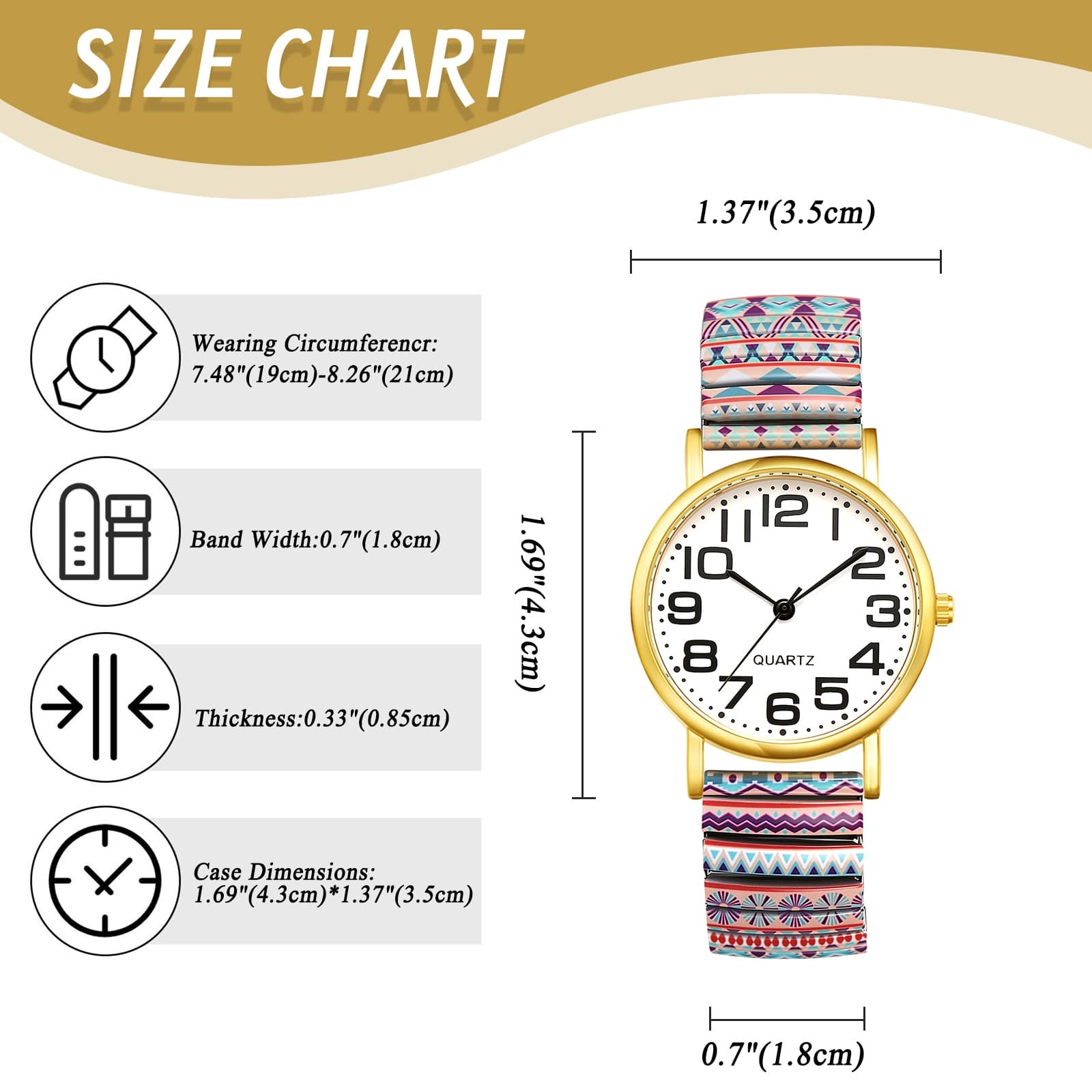 Summer Boho Stailess Steel Strap Floral Print Elastic Wrist Watch Easy Reader