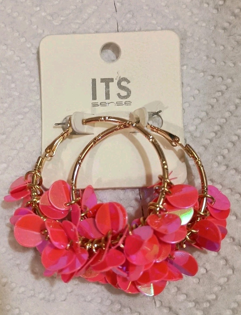 Bright Pink Shiny Sequin Hoop Gold Plated Earrings 2″ L -1.5″W