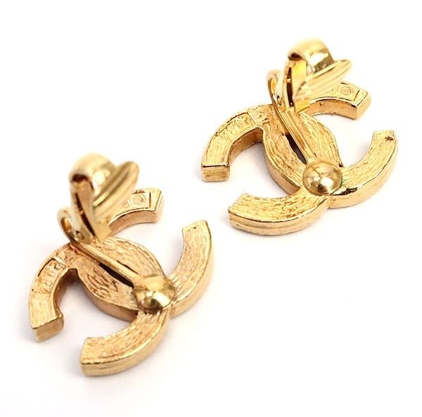CHANEL CC Logo Coco Mark Earrings Gold Rhinestone Clip On No Box Vintage