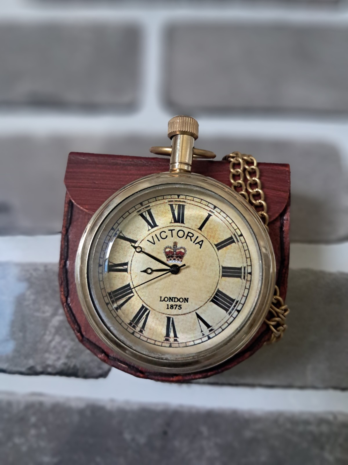 Antique Brass Pocket watch Victoria 1875 vintage with Leather Box Occasion Gift