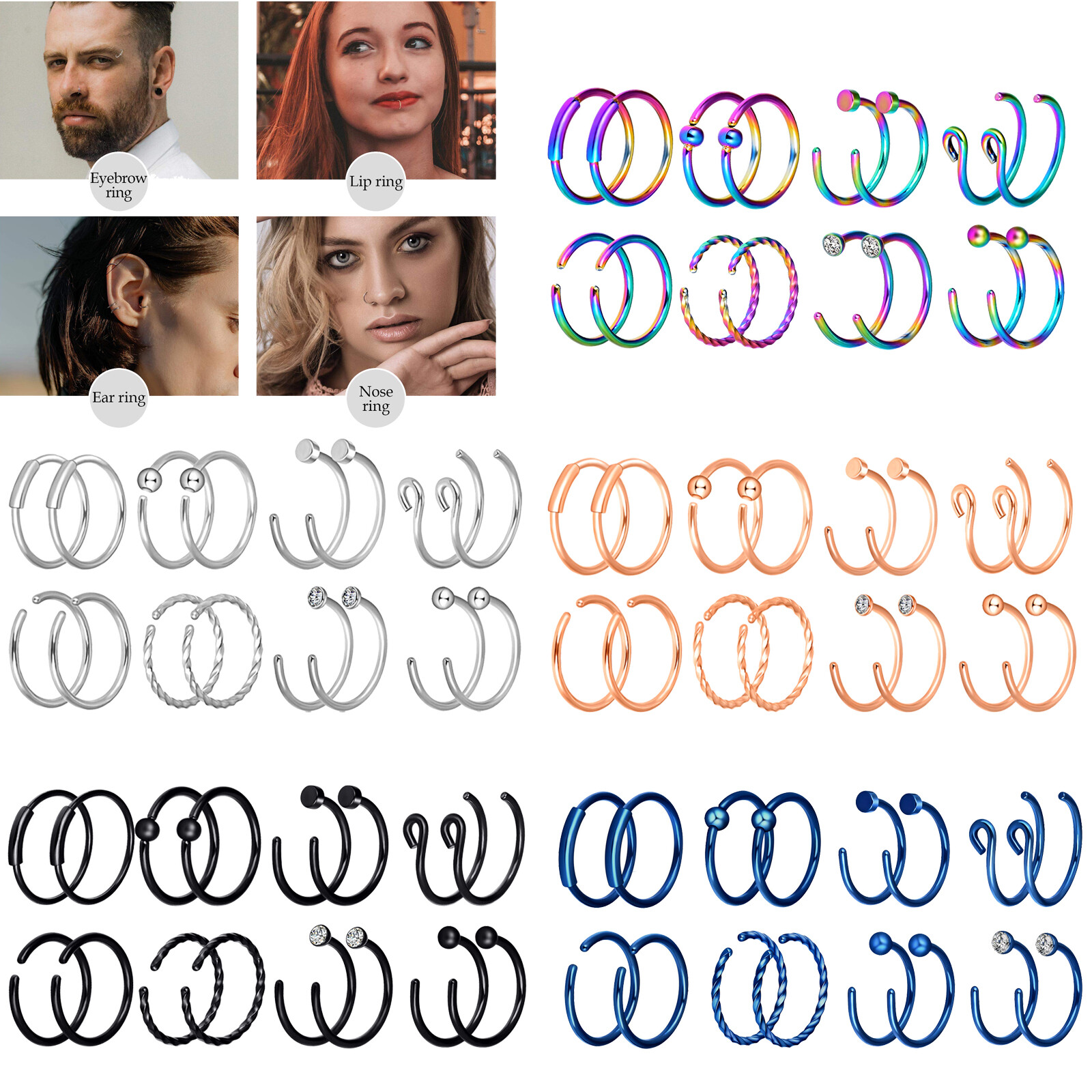 2PCS Nose Rings Hoop Stainless Steel Lip Eyebrow Tragus Cartilage Piercing 20G
