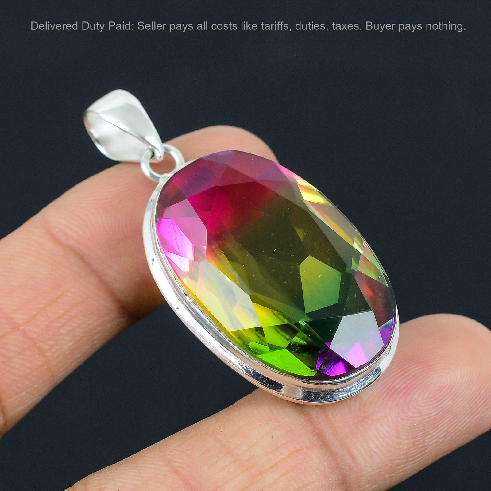 925 Silver Oval Multi Tourmaline Gemstone Elegant Mother Engagement Boho Pendant