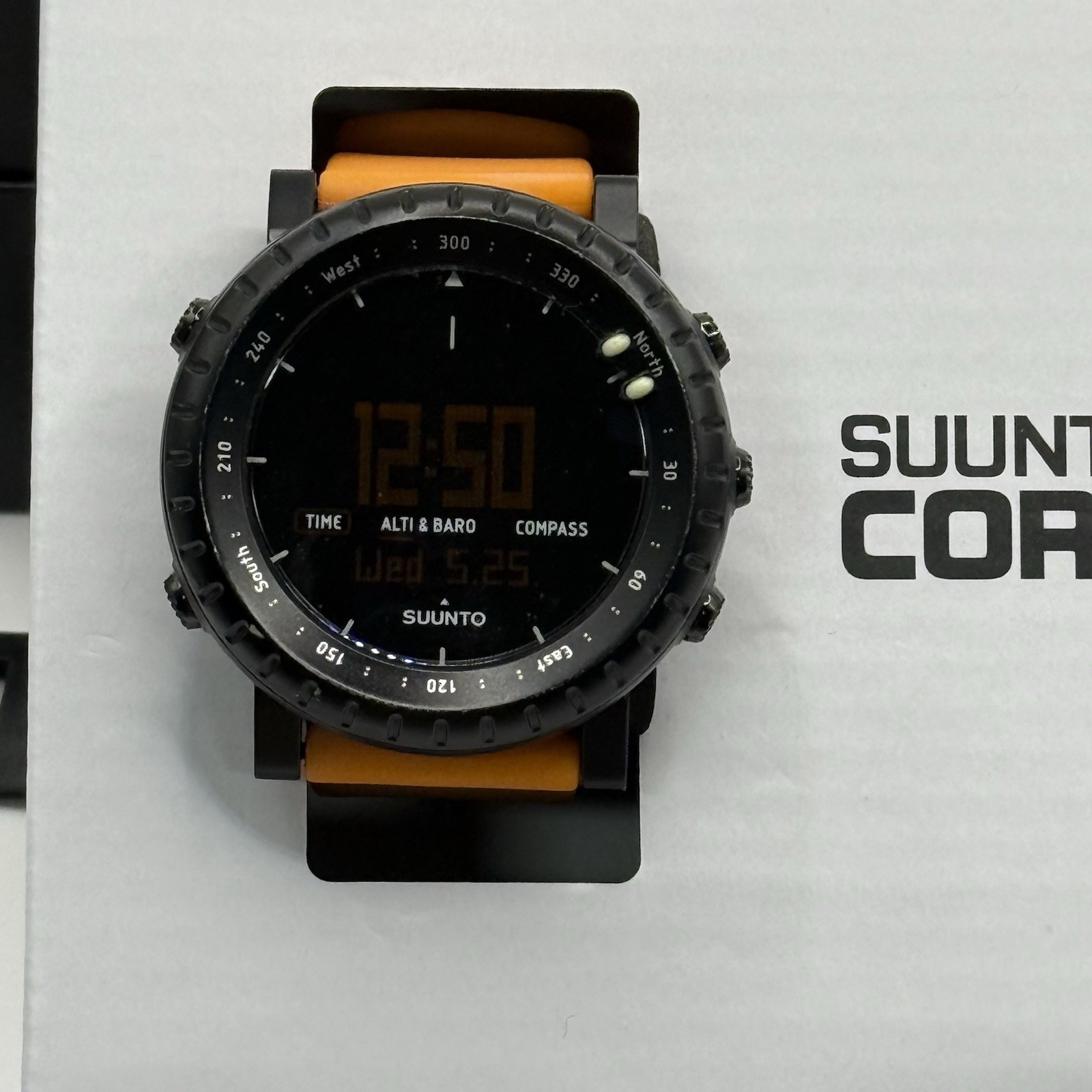 Suunto Core Men’s Black Watch Orange 2nd Band W/New Battery Altimeter Barometer