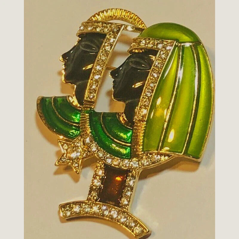 Vintage Style Egyptian Revival Cleopatra Pharaoh King Enamel & Crystal Brooch