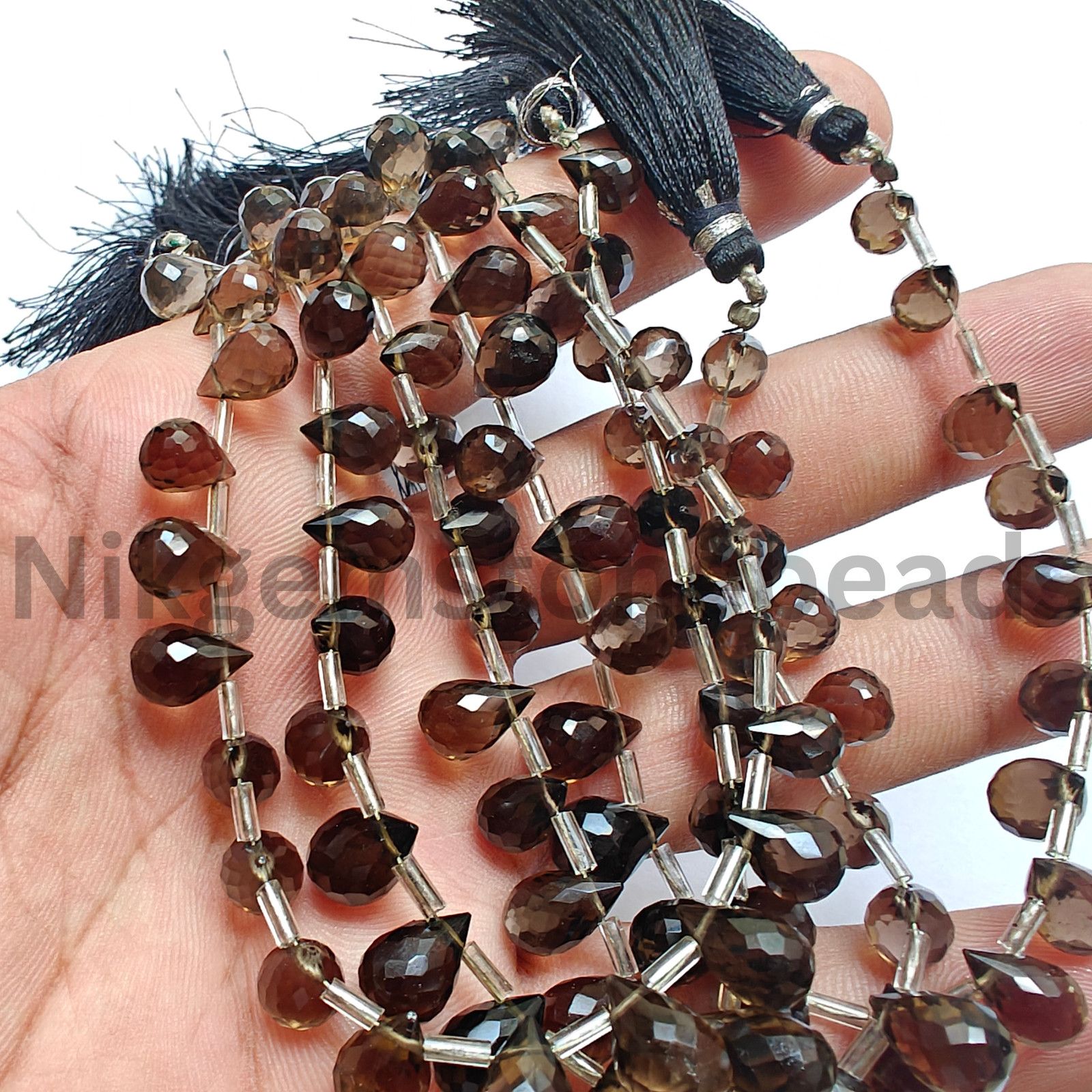 Natural Smokey Quartz Gemstone, Briolette Faceted Drop Cut Beads, 9.25-11.00 MM.
