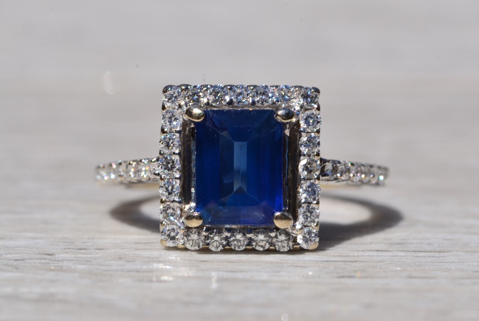 Diffused Emerald Cut Blue Sapphire Engagement Ring and Wedding Set with Custom B