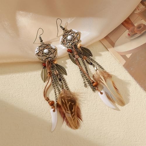 Brown Dream Catcher Feather Earrings Vintage Bohemian Ethnic Dangle Earrings for