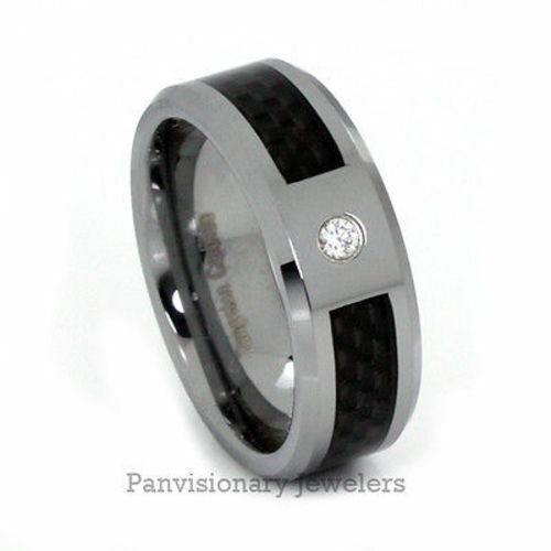 8mm Tungsten Carbide Ring .10 Ct CZ Black Carbon Fiber Wedding Band Sizes 6 – 12
