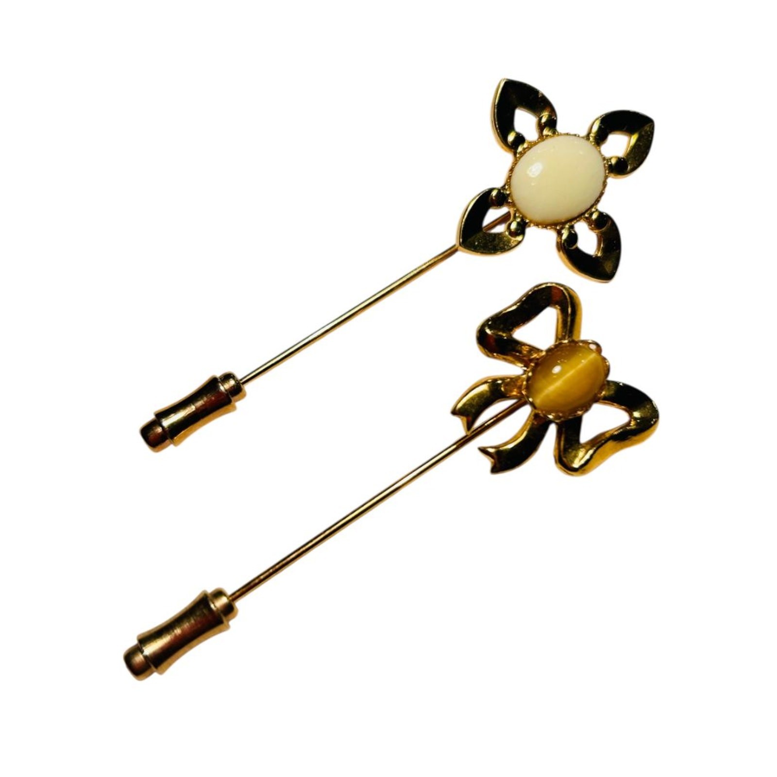 Set of 2 Stick Pins Goldtone Flower Bow Pink Cream Color 2.25″