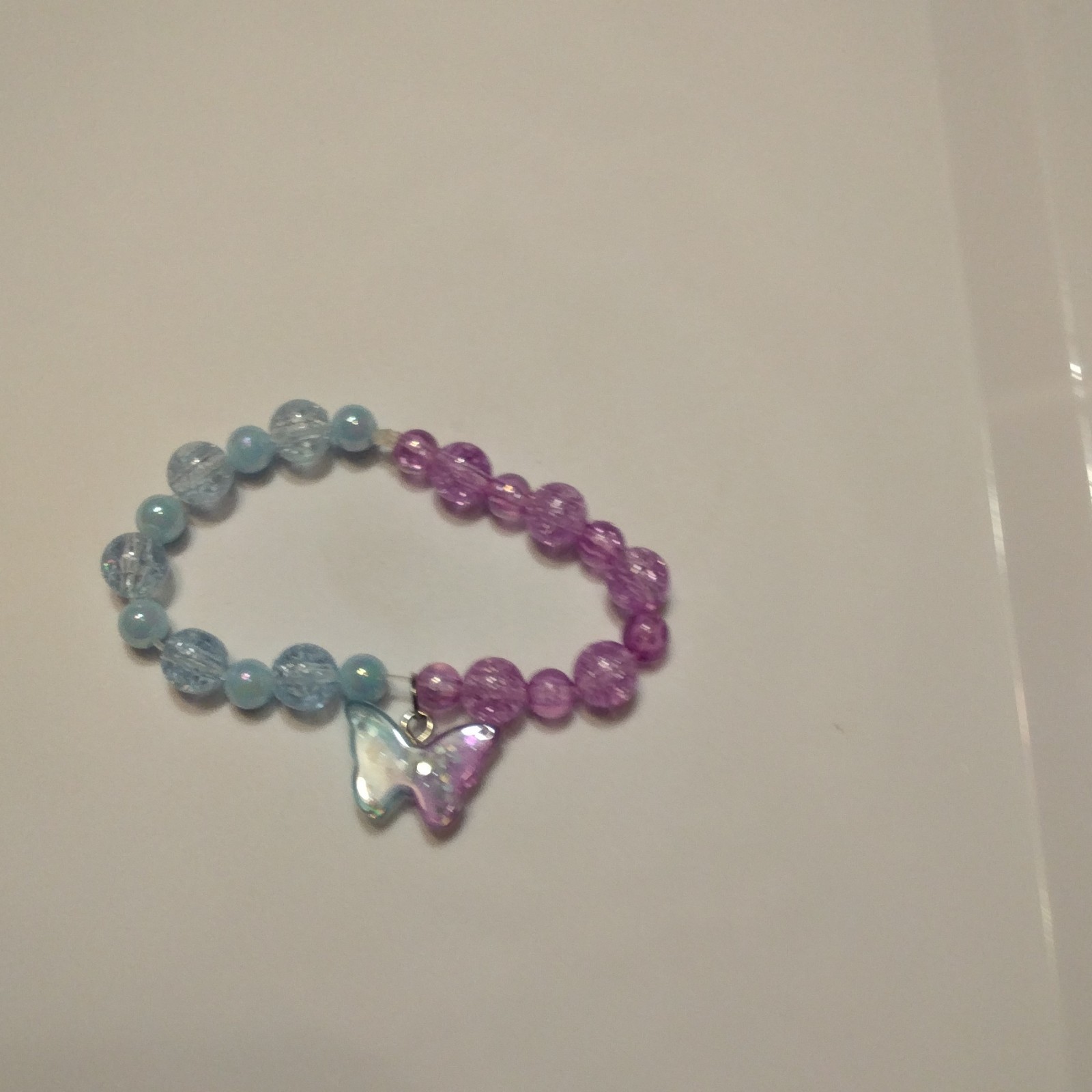 Blue Purple Beaded Stretch Bracelet, No Clasp, Butterfly Dangle Charm, Plastic