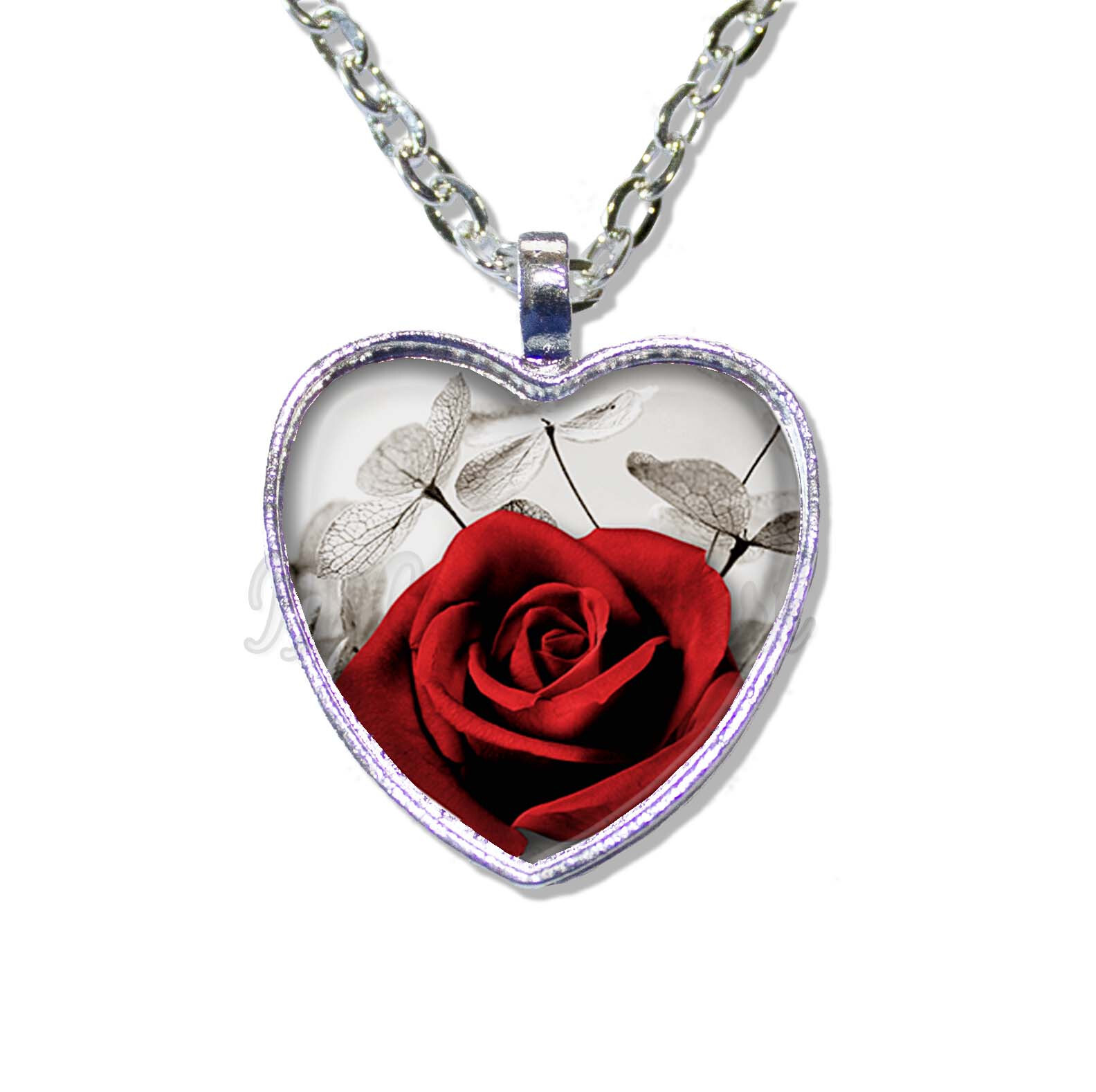 Red Rose Love Nature Flowers – Handmade HEART-shaped Glass Pendant Necklace