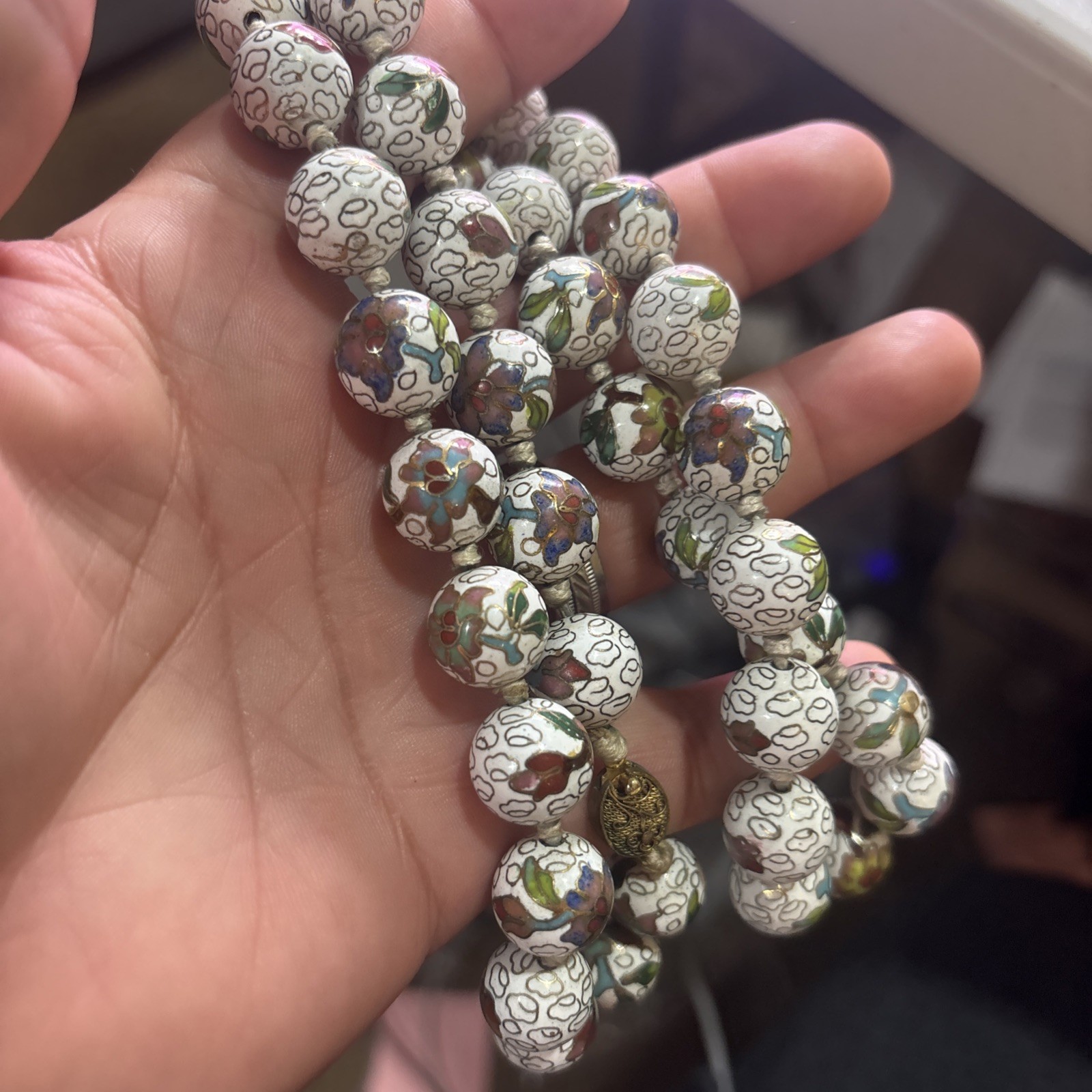 Vintage Chinese Cloisonne Bead Necklace White Enamel Floral Hand Knotted 27”