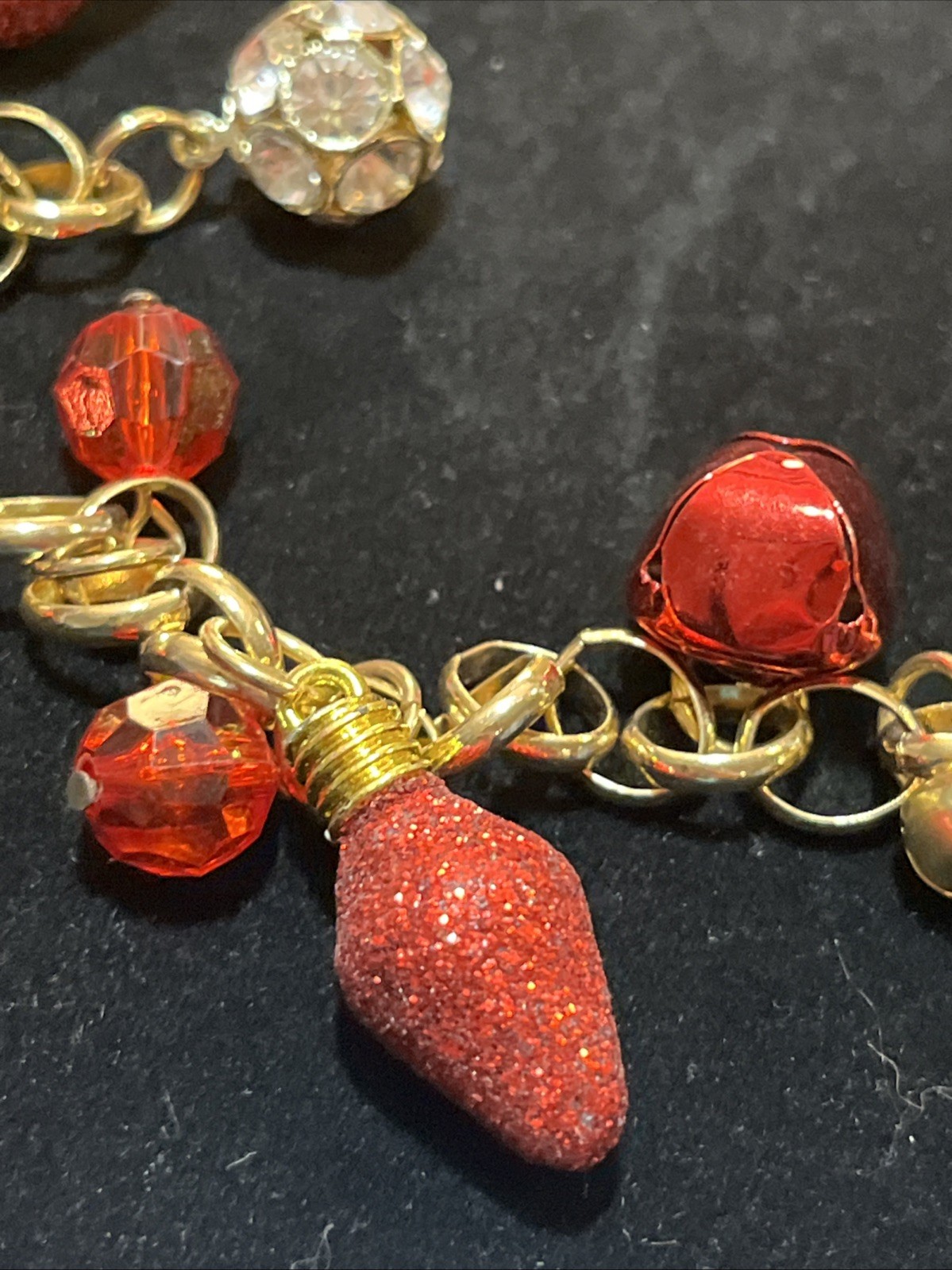 Holiday Lane Christmas Necklace Gold Tone Crystals Bells Lights Jingle Bells